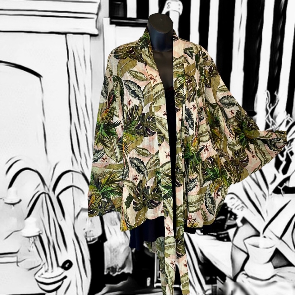 Leaf-Print Open Front Kimono Top